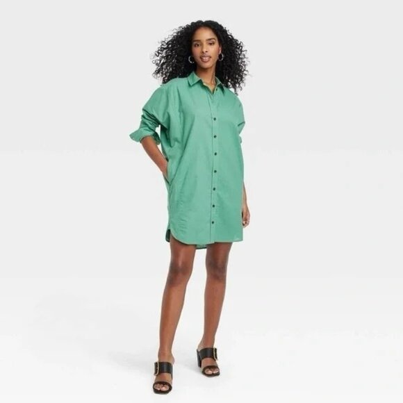 NEW Universal Thread Long Sleeve Mini Shirtdress - Green - Size XS - Picture 1 of 10